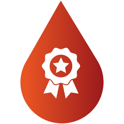 Award badge inside red droplet shape